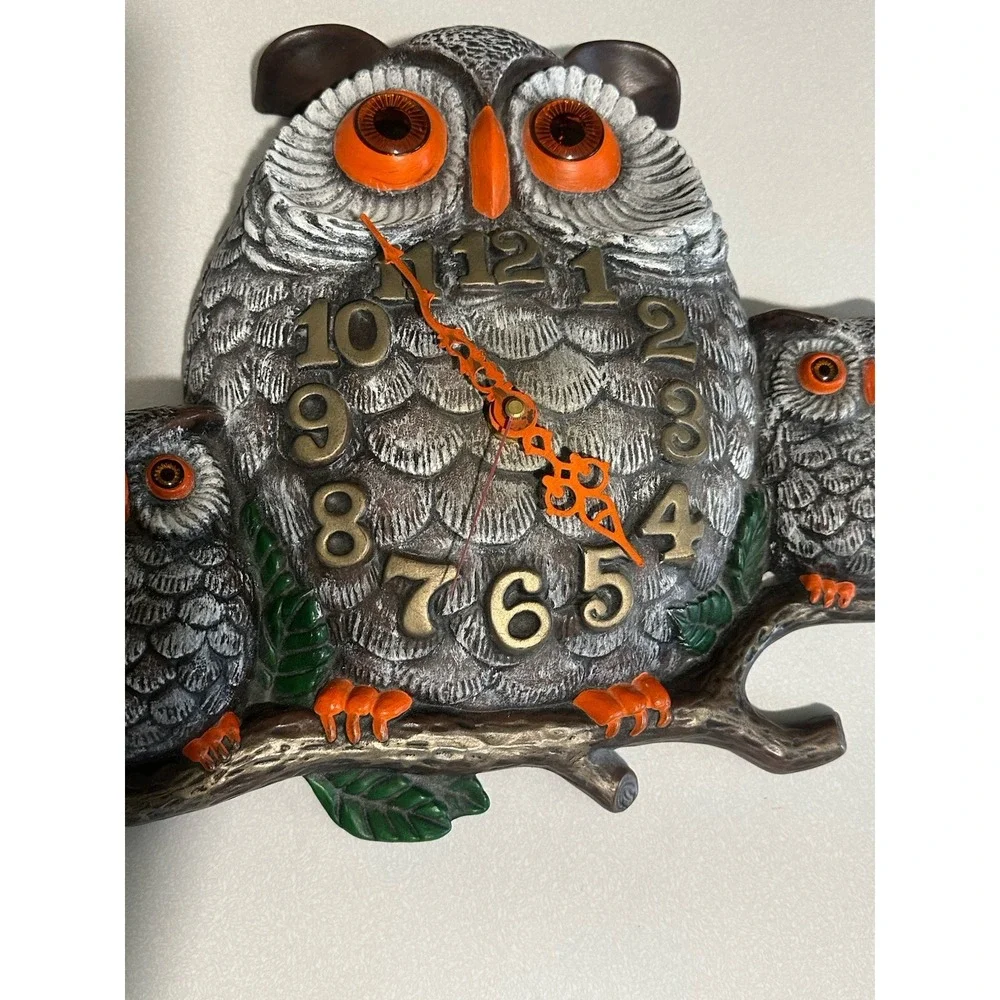 VTG Handmade Ceramic 3 Owl Family On Branch Wall Clock Retro 1975 Boho Works!